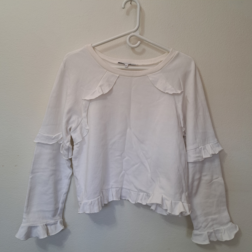 English Factory Anthropoligie White Sweater Sz L Ruffle Preppy CottageCore Bell